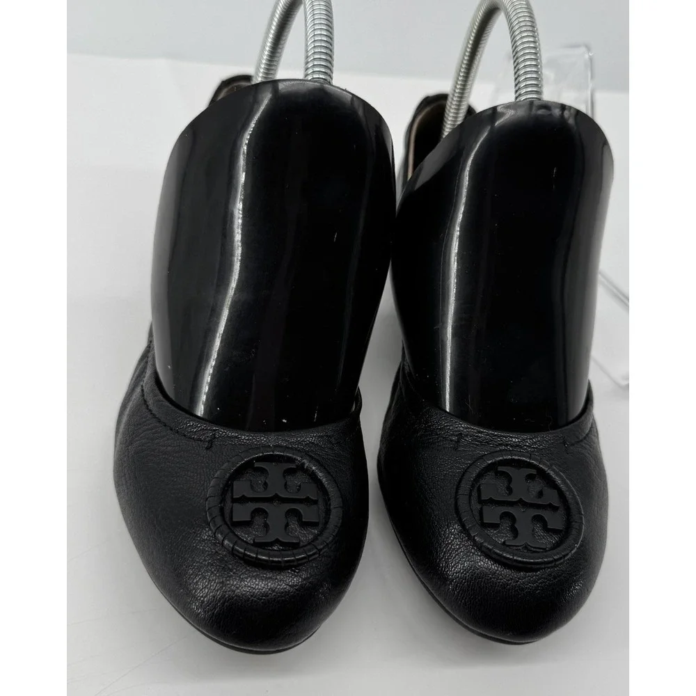 Tory Burch Reva Ballet Flats Black Leather Logo Medallion Women's 7.5 Classic